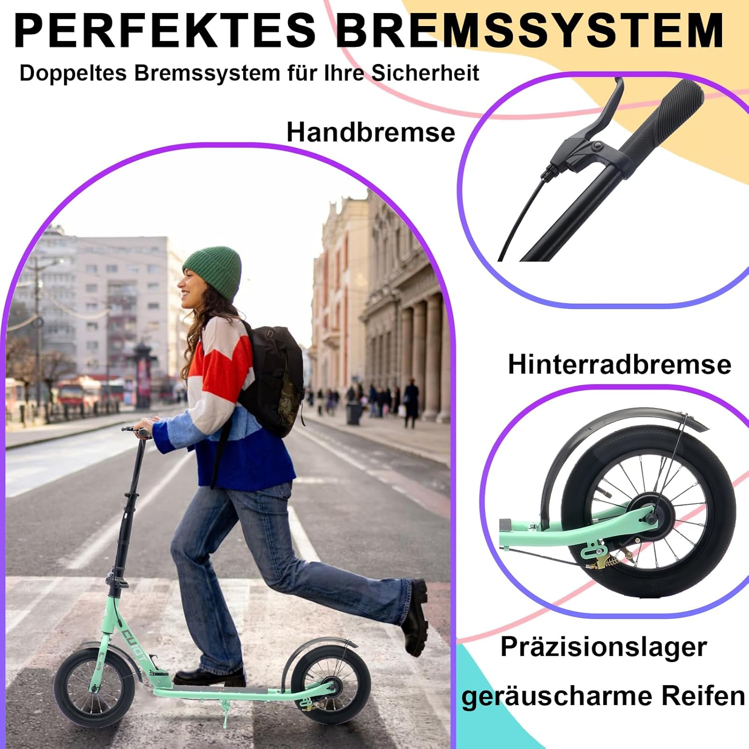 Adult Folding Scooter with Hand and Pedal Brake, 290 mm Wheels PU Big Wheel for Teenagers and Adults up to 150 kg, Height-Adjustable and Foldable City Scooter – Bild 3