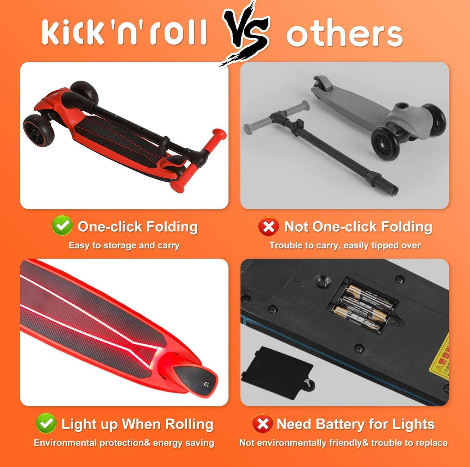 Kicknroll Scooter Children 3 Years - Children's Scooter from 3 Years - Foldable Slide Scooter Children with 4 Adjustable Heights, LED Wheels, Illuminated Kickboard - Tricycle Scooter for Boys Girls – Bild 8