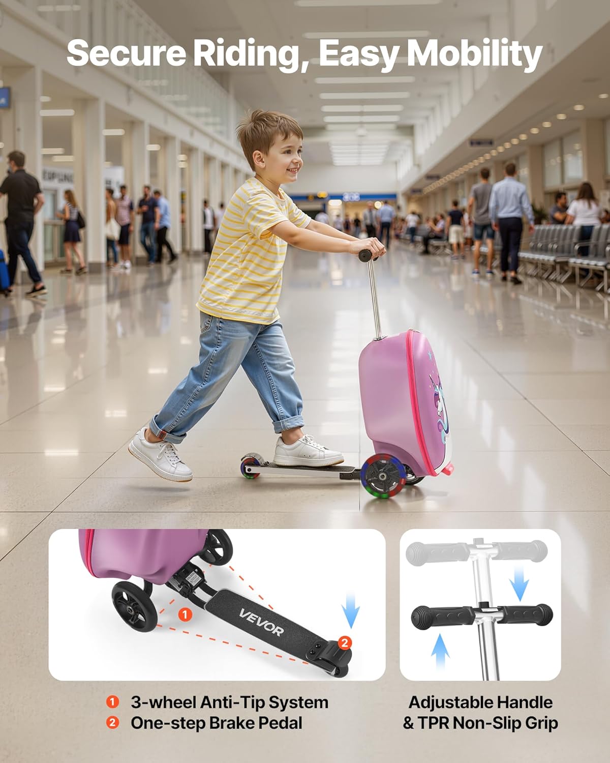 VEVOR Scooter Suitcase, 20L Capacity, Travel Suitcase with Flash PU Wheels, TPR Non-Slip Handle, Max Weight Capacity 50kg, Kids Suitcase, Hand Luggage, for Ages 5 and Above, Purple – Bild 3
