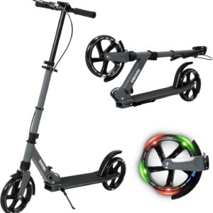 200 mm LED Big Wheel Scooter NV-D001BA with Light Wheels – Foldable City Scooter for Children from 9 & Teenagers (125-175 cm), Suspension & Double Brake, Scooter up to 100 kg, Grey/Red/Blue