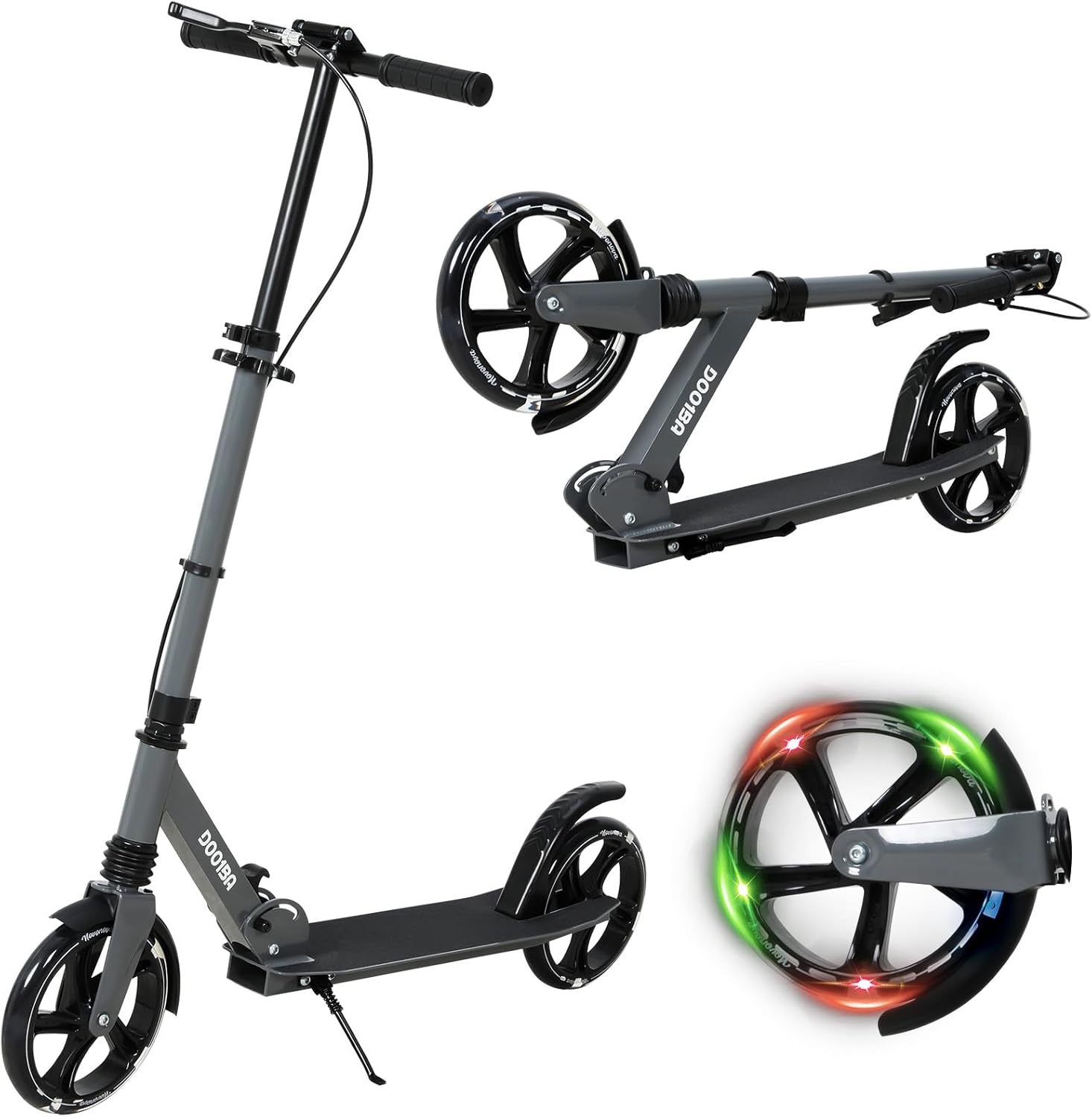 200 mm LED Big Wheel Scooter NV-D001BA with Light Wheels - Foldable City Scooter for Children from 9 & Teenagers (125-175 cm), Suspension & Double Brake, Scooter up to 100 kg, Grey/Red/Blue
