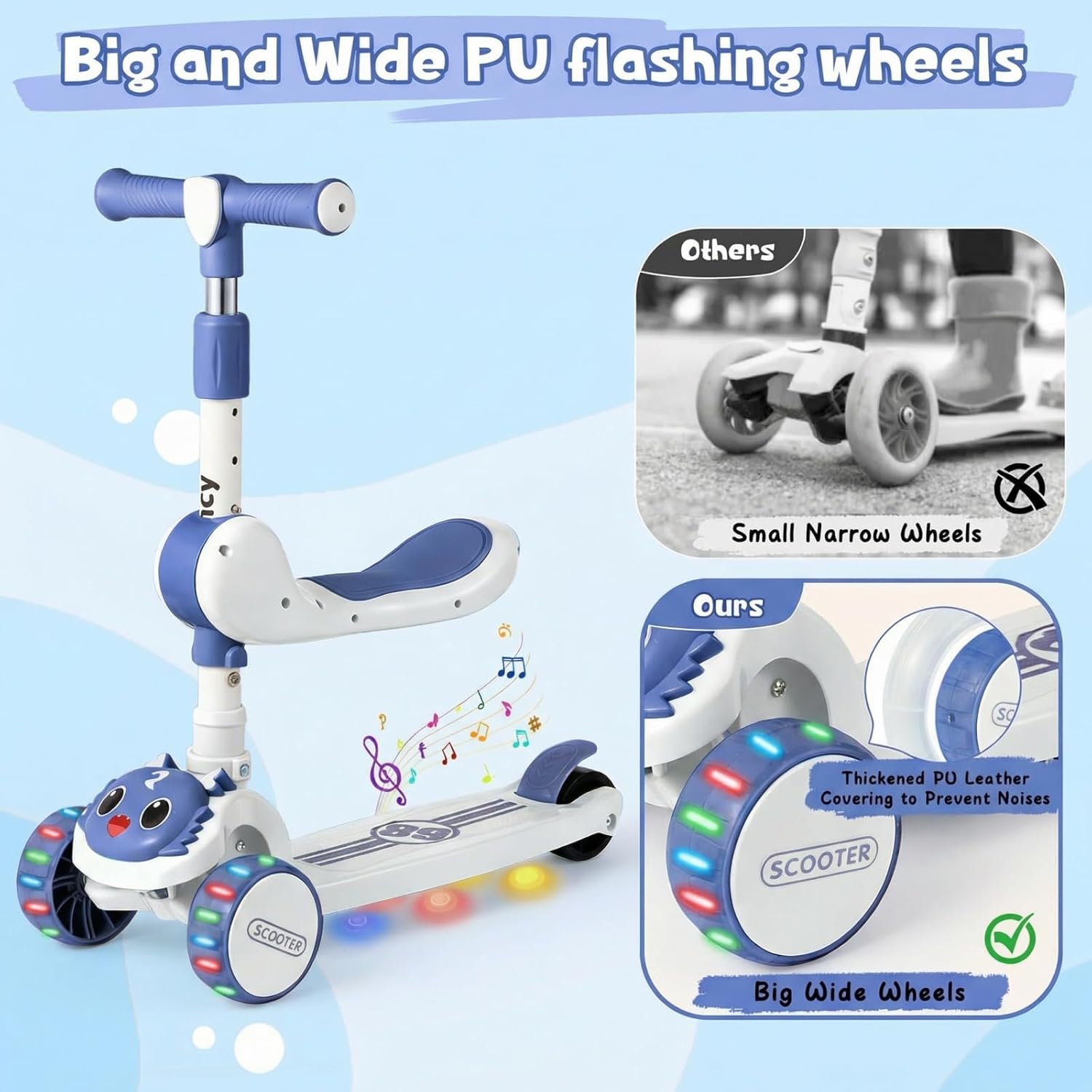 3 Wheel Scooter for Children Aged 2-8 Years, 2 in 1 Kids Scooter with Removable Seat, Folding Scooter with Music and Luminous Wheels, Height Adjustable, Steerable by Weight Shift – Bild 4