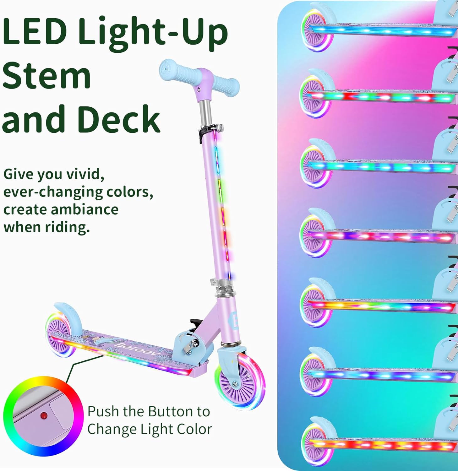 Beleev V2 Scooter Children's Scooter 6 Years, Upgrade with LED Luminous Wheels, Steering Column and Deck, Height Adjustable, Rear Wheel Brake, Foldable Scooter Children 4 Years Girls Boys, 3-12 Years – Bild 3