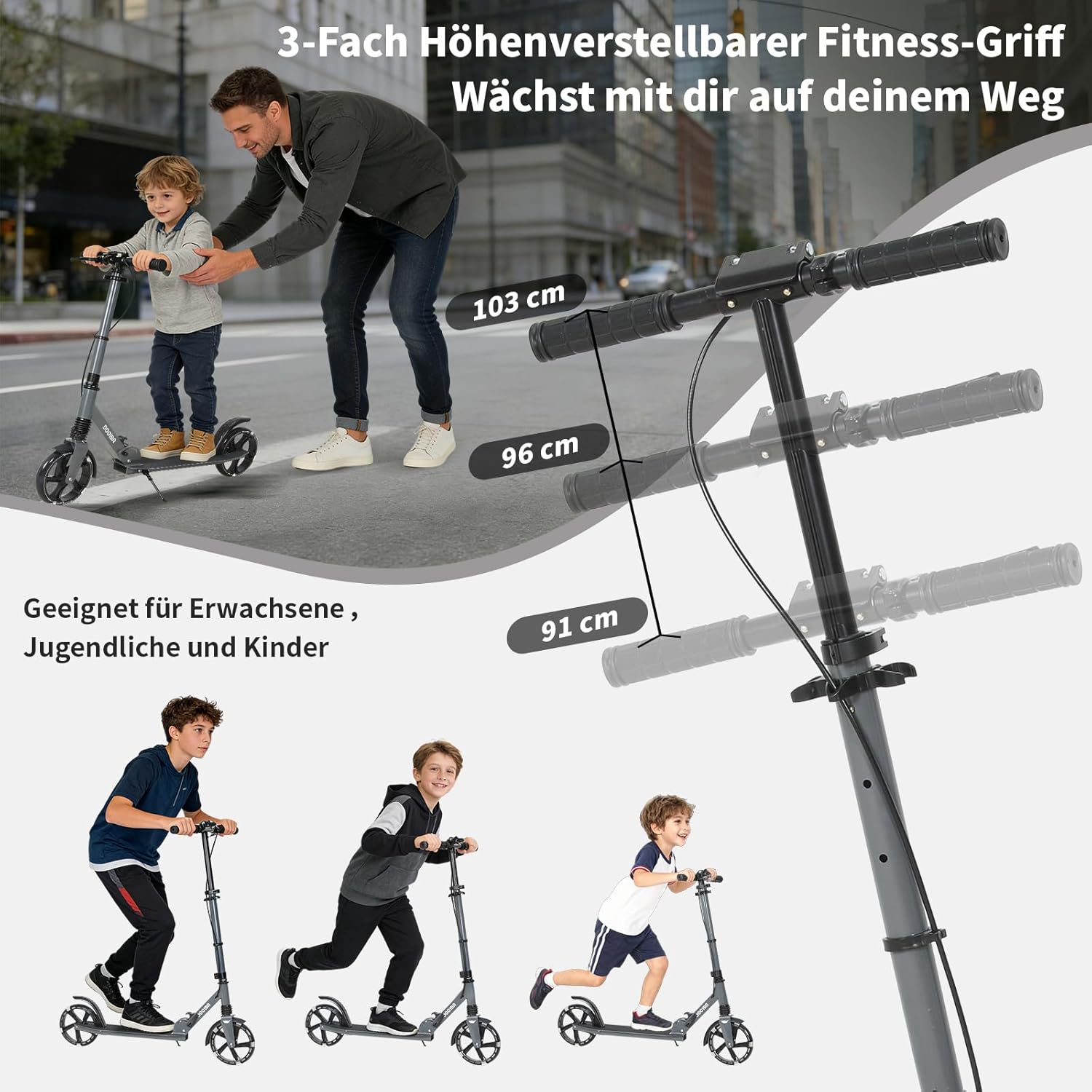 200 mm LED Big Wheel Scooter NV-D001BA with Light Wheels - Foldable City Scooter for Children from 9 & Teenagers (125-175 cm), Suspension & Double Brake, Scooter up to 100 kg, Grey/Red/Blue – Bild 2