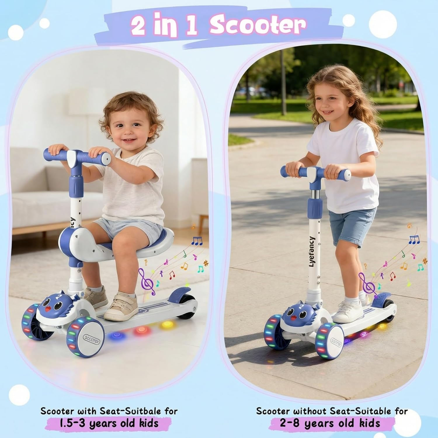 3 Wheel Scooter for Children Aged 2-8 Years, 2 in 1 Kids Scooter with Removable Seat, Folding Scooter with Music and Luminous Wheels, Height Adjustable, Steerable by Weight Shift – Bild 2
