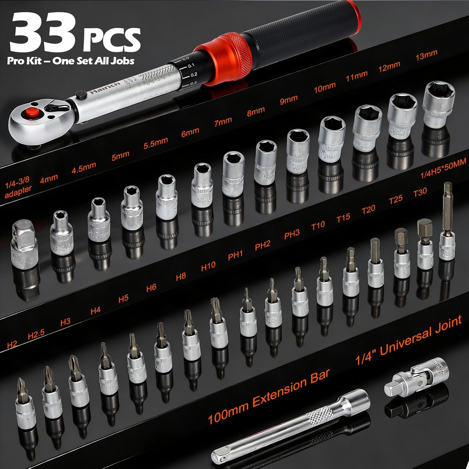 Hairich Torque Wrench Bicycle 1/4 Inch 1-25 Nm, ±3% Accuracy, 72-Tooth Ratchet, 33-Piece Torque Wrench Set with Extension, 1/4"-3/8" Adapter & Universal Joint, for Bicycle & Motorcycle – Bild 7