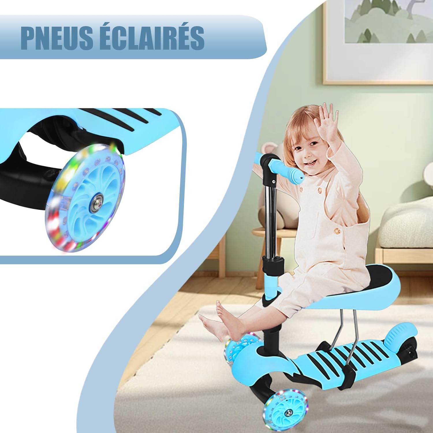 5 in 1 Scooter Scooter with Seat + Slider Flash Wheels PU Wheels Non-Slip LED Light Height Adjustable Ideal for Children 2-8 Years – Bild 8