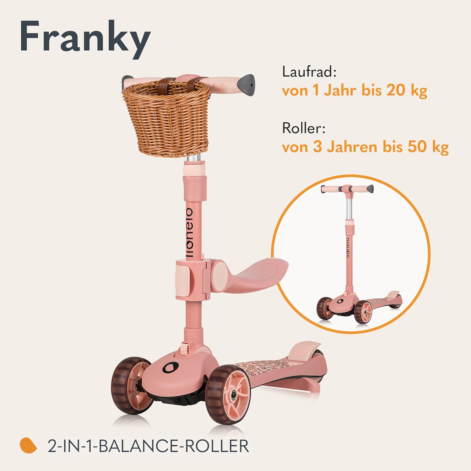 LIONELO Franky 2-in-1 Children's Balance Scooter from 3 Years up to 50 kg Balance Bike from 1 Year up to 20 kg Height Adjustable LED Wheels Non-Slip Running Board Basket – Bild 2