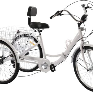 24 Inch Tricycle for Adults, Rickshaw Bike 3-Wheel Bike, 7 Speed Bicycle 3 Wheels, 24 Inch Tricycle with Basket, for Adults Adult Tricycle