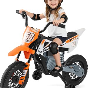 GOPLUS Children’s Motorcycle 12 V, Children’s Electric Motorcycle with 2 Removable Stabilisers, Electric Motorcycle with Foot Pedals, Music & Shock Absorption, Motorcycle Eletro 3-5 km/h for Children 3-8 Years (Orange)