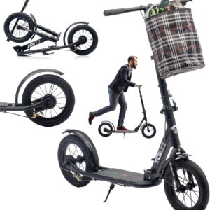 Adult Folding Scooter with Hand and Pedal Brake, 290 mm Wheels PU Big Wheel for Teenagers and Adults up to 150 kg, Height-Adjustable and Foldable City Scooter