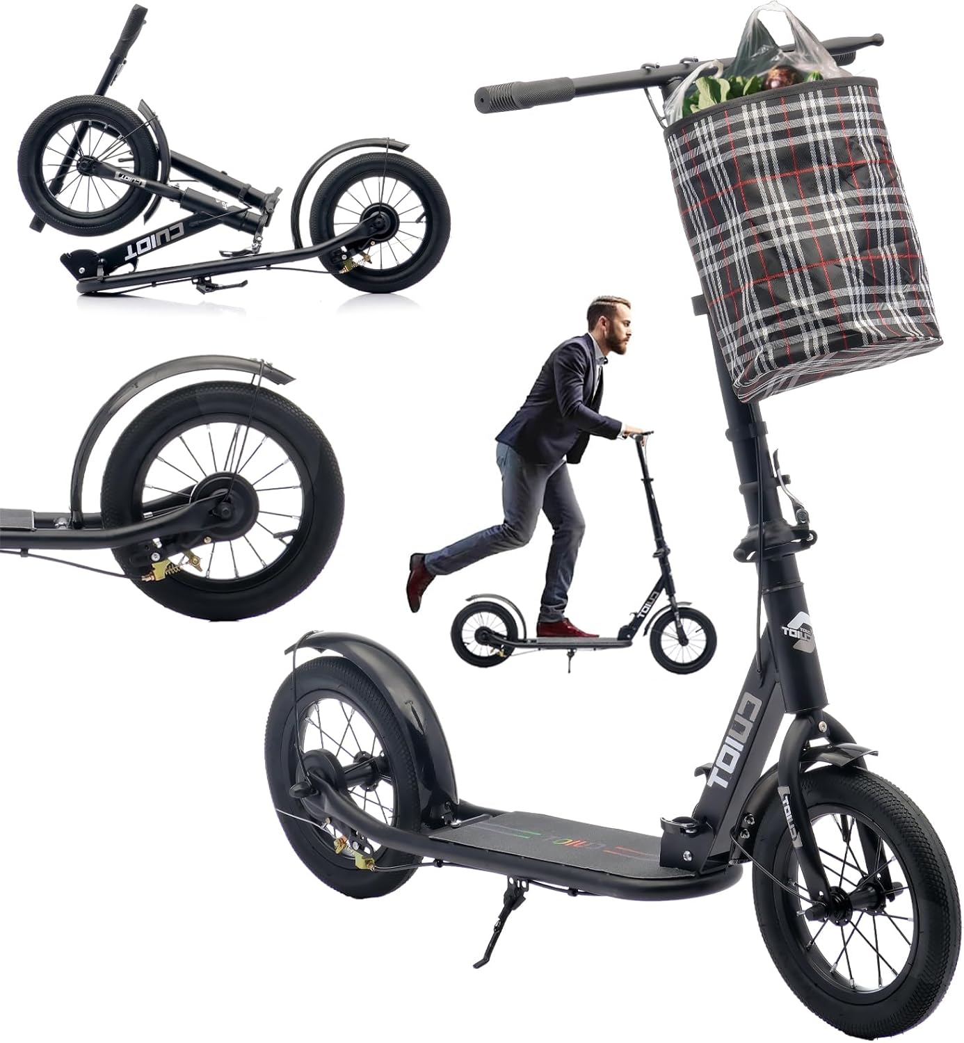 Adult Folding Scooter with Hand and Pedal Brake, 290 mm Wheels PU Big Wheel for Teenagers and Adults up to 150 kg, Height-Adjustable and Foldable City Scooter