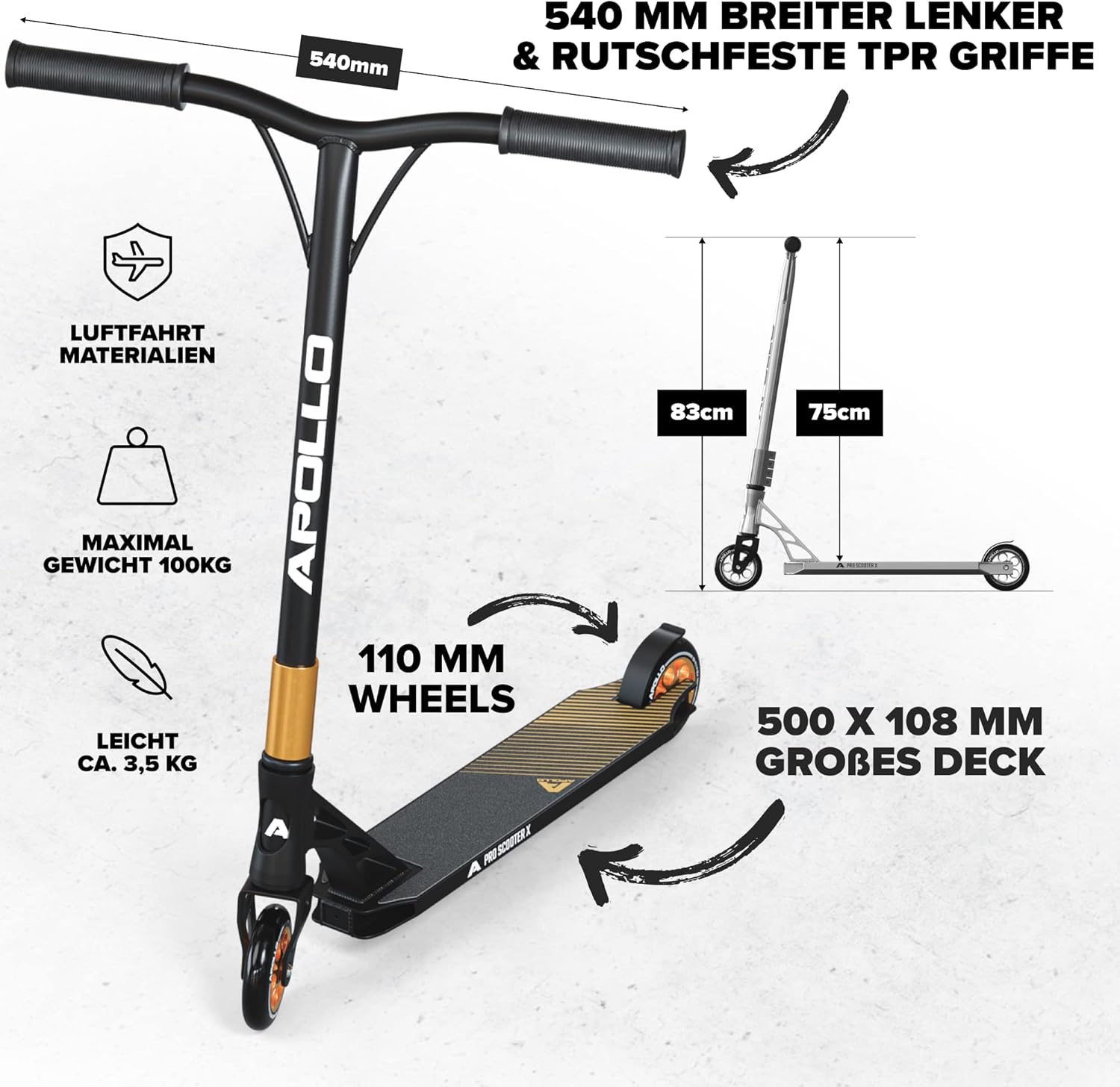Apollo Stunt Scooter, Genesis Pro X/Pro X Competition, High End Stunt Scooter, ABEC 9 Ball Bearings, Trick Scooter with 110 mm or 120 mm Wheels and Aluminium Core – Bild 3