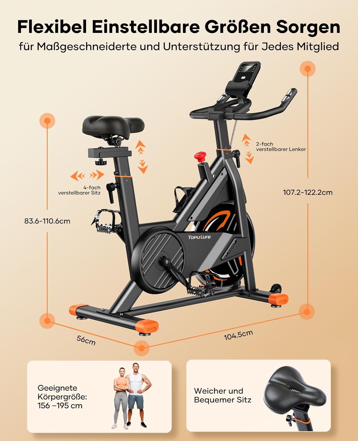 2026 Toputure Heimtrainer Fahrrad mit APP, 0-100% Magnetwiderstand Ergometer, 15KG Schwungrad, Bis 160KG, Hometrainer Indoor Bike mit LCD, Tablet-Halter, Getränkehalter, Ultraleise – Bild 7
