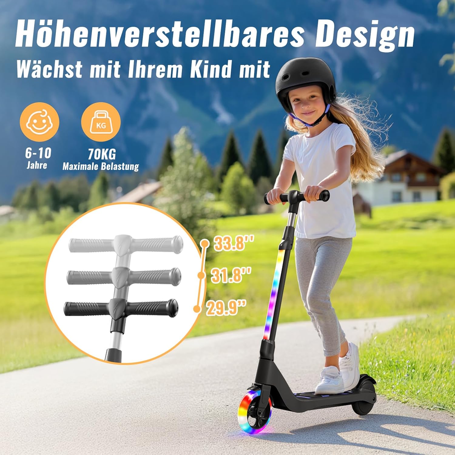 TST E Scooter Children for 6-10 Years, 5.3 Inch E Scooter Children with Flashing LED Lights & 3 Adjustable Heights, Children's Scooter 45 W Motor Max 10 km/h, Maximum Load 70 kg Children's E Scooter – Bild 4