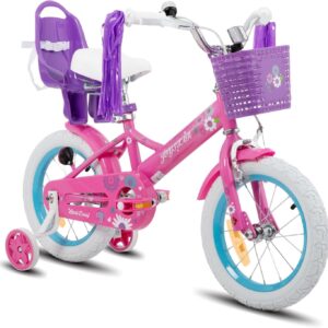 JOYSTAR Little Daisy 12/14/16 Zoll Kinderfahrrad für 2-7 Jahre Mädchen, Kleinkind Fahrrad Mit Stützrädern, Prinzessin-Stil Mit Korb und Luftschlangen