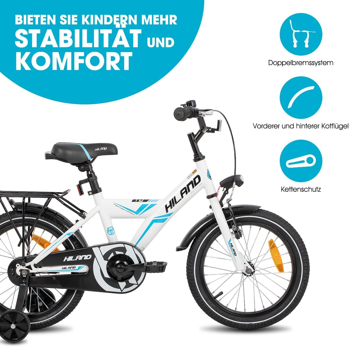 HILAND 16/18/20 Zoll Kinderfahrrad Mountainbike Kinder MTB für Jungen und Mädchen ab 4 5 6 7 8 9 Jahren Licht Gepäckträger Stützräder/Ständer, Schwarz/Weiß – Bild 2