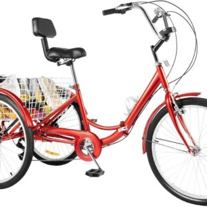24 Inch Folding Tricycle, Tricycle for Adults with LED Headlight & Shopping Basket, 7-Speed Tricycle Bike, 3 Wheels, Outdoor Shopping Bicycle for Seniors & Adults, Red