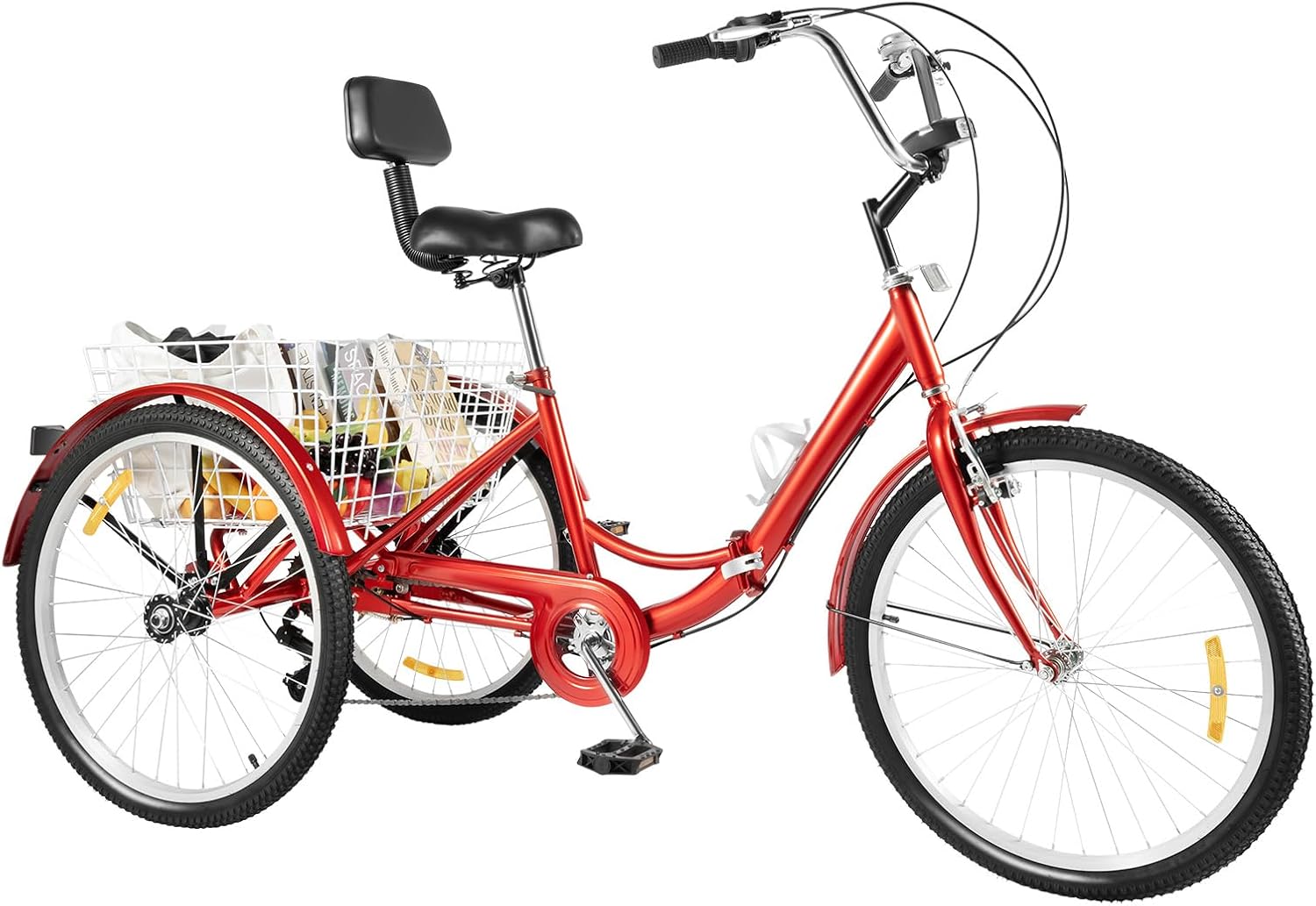 24 Inch Folding Tricycle, Tricycle for Adults with LED Headlight & Shopping Basket, 7-Speed Tricycle Bike, 3 Wheels, Outdoor Shopping Bicycle for Seniors & Adults, Red