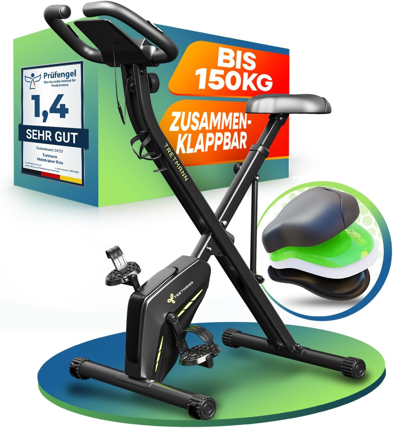 Tretmann Home Trainer Bicycle Folding Set Extra Comfortable & Quiet RelaxFoam up to 150 kg Load Capacity Ergometer, Exercise Bike, Ergometer Exercise Bike Seniors, Fitness Bikes