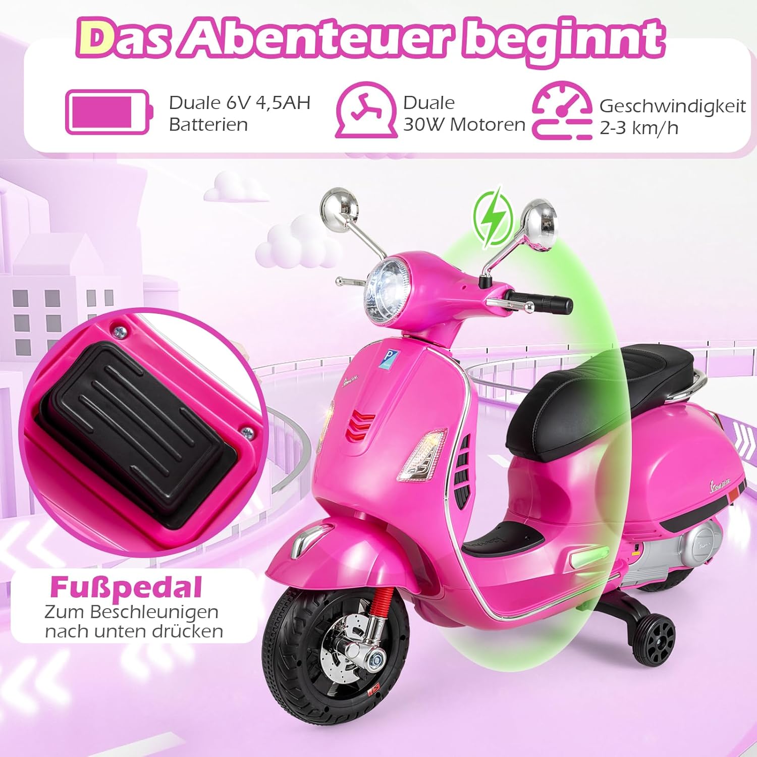 COSTWAY Children's Motorcycle, Electric, Vespa 12 V Motorcycle with LED Headlight and Horn, 2-3 km/h Electric Children's Motorcycle with Stabilisers, Electric Vehicle for Boys and Girls from 3-6 Years (Pink) – Bild 4