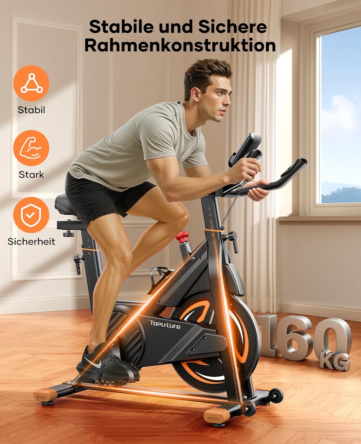 2026 Toputure Heimtrainer Fahrrad mit APP, 0-100% Magnetwiderstand Ergometer, 15KG Schwungrad, Bis 160KG, Hometrainer Indoor Bike mit LCD, Tablet-Halter, Getränkehalter, Ultraleise – Bild 5