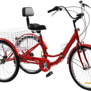 Tricycle for Adults Seniors, 24 Inch 7 Speed 3 Wheel Bicycle with Basket, City Bicycle Tricycle Weight Capacity of 140 kg, with Wheel Splash Guard and LED Front Light and Reflectors, Red