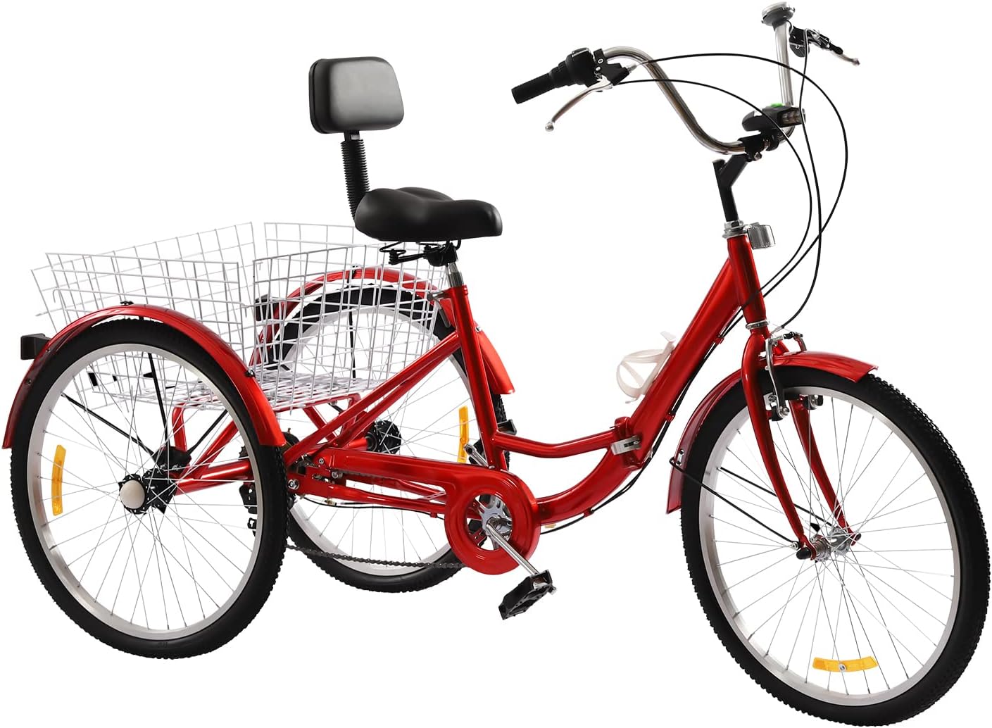 Tricycle for Adults Seniors, 24 Inch 7 Speed 3 Wheel Bicycle with Basket, City Bicycle Tricycle Weight Capacity of 140 kg, with Wheel Splash Guard and LED Front Light and Reflectors, Red