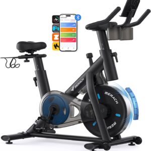 MERACH Exercise Bike with Adjustable Resistance, Quiet Home Trainer Bicycle with Improved LED Monitor, Tablet Holder, Indoor Cycling Bike for Cardio Training at Home, Own App, Up to 136 kg