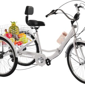 24 Inch Tricycle for Adults, Foldable Carbon Steel 3-Wheel Bicycle, 7-Speed Adult Bicycle with Drink Holder and LED Lights, Adjustable Seat, Suitable for Adults Use