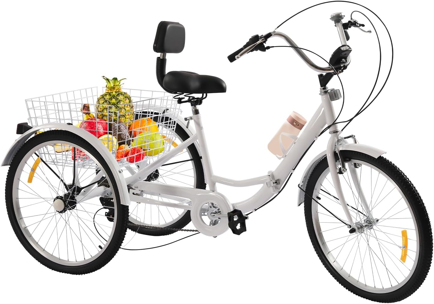24 Inch Tricycle for Adults, Foldable Carbon Steel 3-Wheel Bicycle, 7-Speed Adult Bicycle with Drink Holder and LED Lights, Adjustable Seat, Suitable for Adults Use