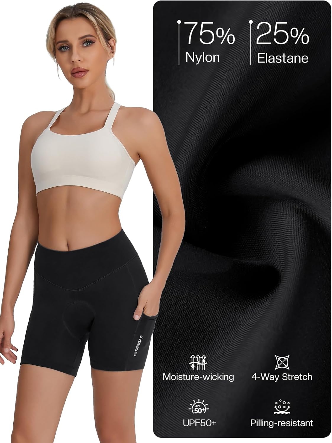 BERGRISAR Women's Padded Breathable Elastic Cycling Shorts with 3 Pockets – Bild 5