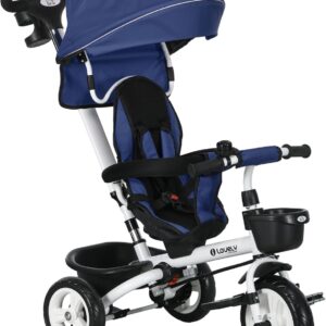 HOMCOM 6-in-1 Tricycle with Push Bar, Foldable, Children’s Tricycle with Seat Belt, Removable Sun Canopy, Basket, Drink Holder, Pedal, for 1-5 Years Children, up to 25 kg, Blue