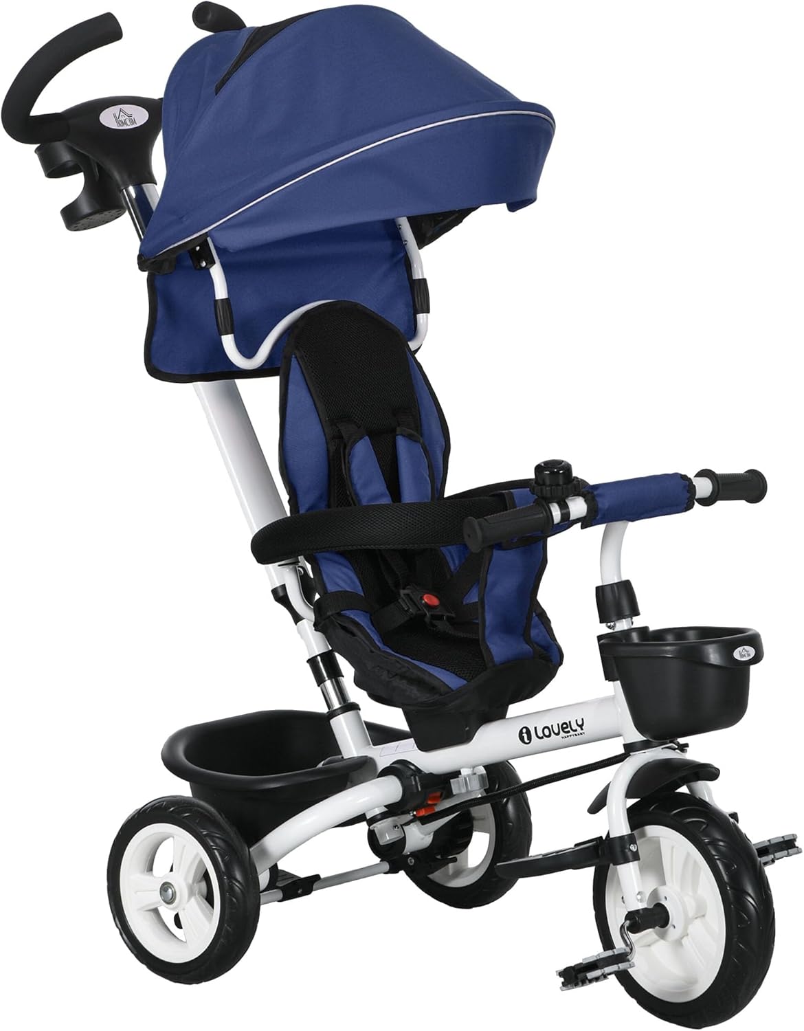 HOMCOM 6-in-1 Tricycle with Push Bar, Foldable, Children's Tricycle with Seat Belt, Removable Sun Canopy, Basket, Drink Holder, Pedal, for 1-5 Years Children, up to 25 kg, Blue