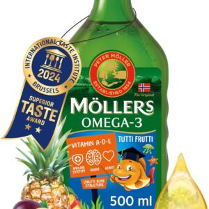 Möller’s Omega 3 Cod Liver Oil, Nordic Omega 3 Children’s Dietary Supplement with EPA, DHA, Vitamin A, D and E, High Purity Natural Cod Liver Oil, 165 Year Old Brand, Tutti Frutti, 500 ml