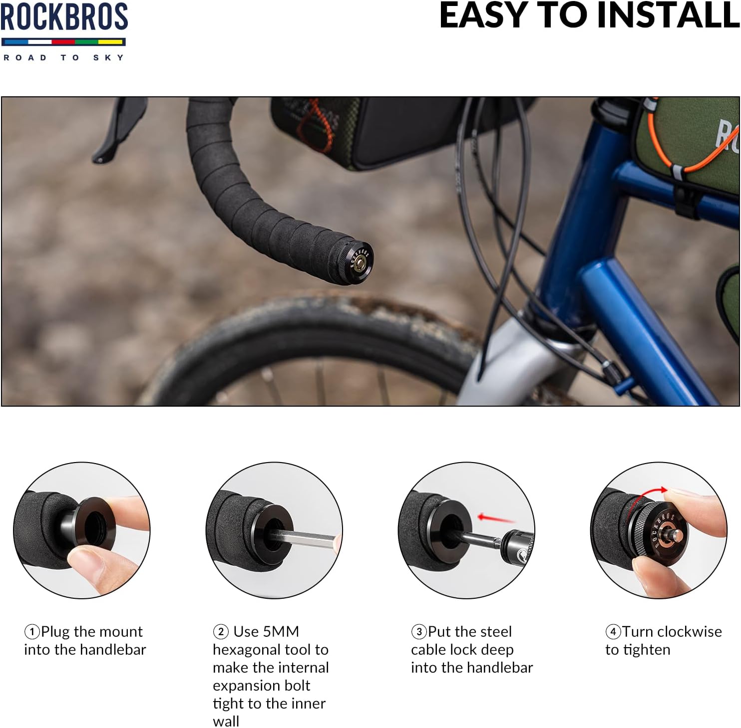 ROCKBROS Road to Sky Bicycle Cable Lock Mini Bicycle Lock as Handlebar Plug End Plug Multifunctional Hidden 65 cm for City Bike Road Bike MTB – Bild 6