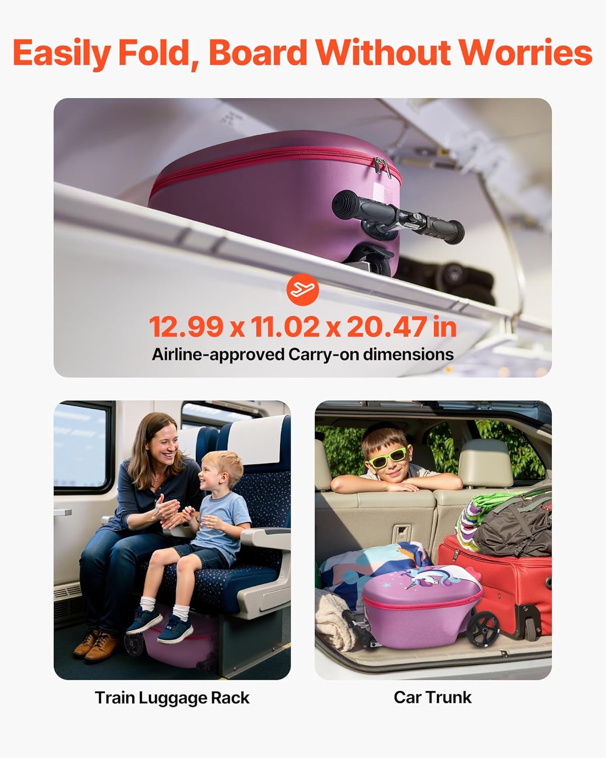 VEVOR Scooter Suitcase, 20L Capacity, Travel Suitcase with Flash PU Wheels, TPR Non-Slip Handle, Max Weight Capacity 50kg, Kids Suitcase, Hand Luggage, for Ages 5 and Above, Purple – Bild 5