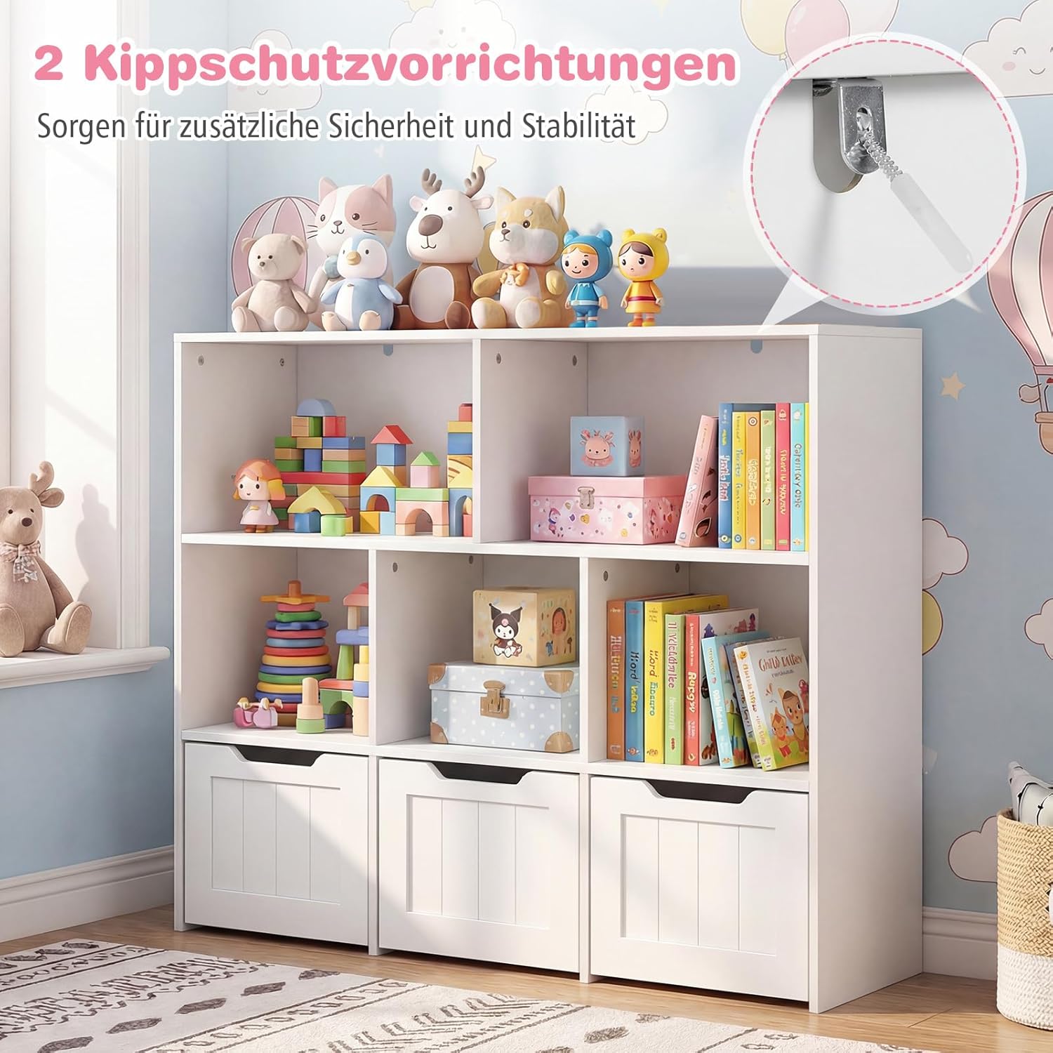 COSTWAY Children's Shelf with Boxes on Wheels, Children's Bookcase with 5 Compartments & 3 Drawers, Toy Cabinet Wooden Children's Cupboard, Toy Organiser for Children's Room, 100 x 33 x 90 cm (White) – Bild 7