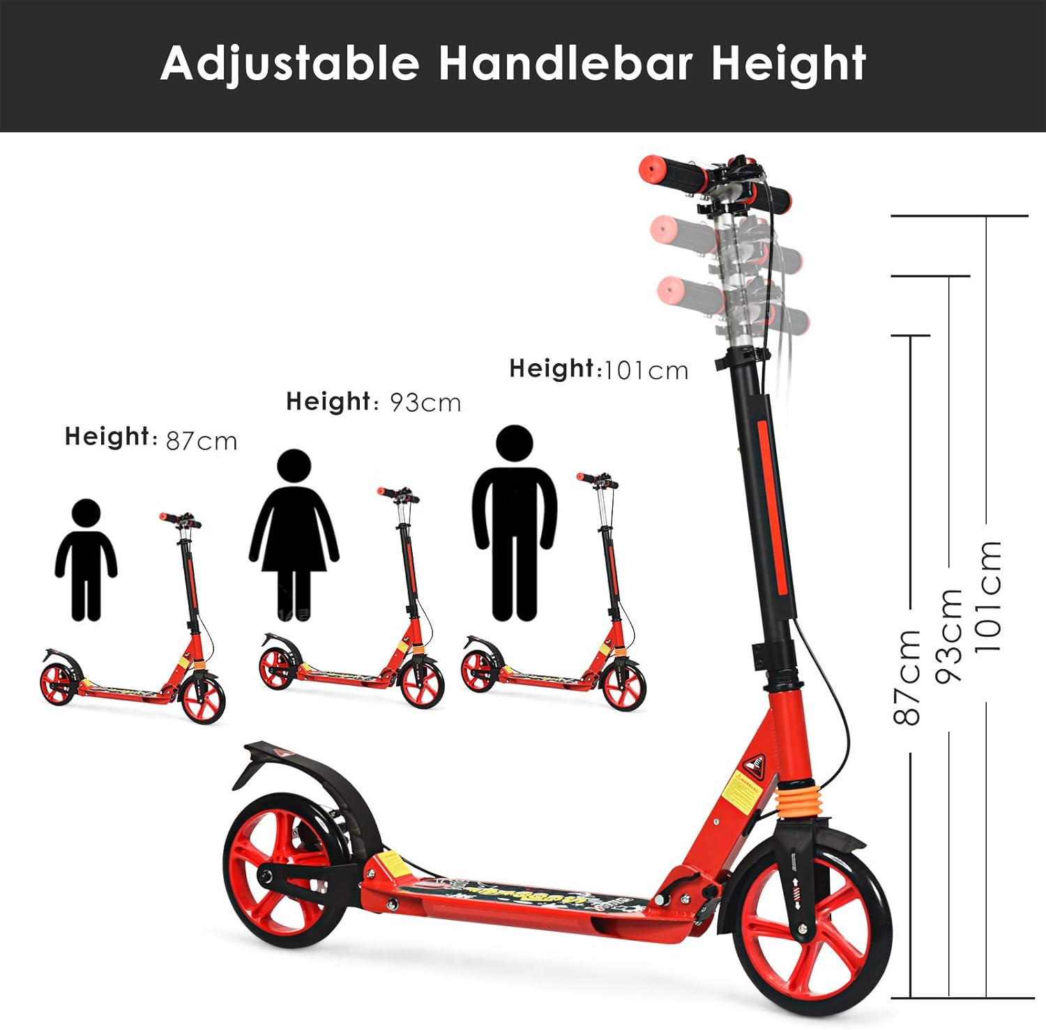 RELAX4LIFE Kickscooter Foldable & Height Adjustable, City Scooter with Bell & Stand, Scooter with Double Suspension & Carry Strap, Scooter up to 100 kg Load Capacity, for Children and Adults, PU – Bild 4