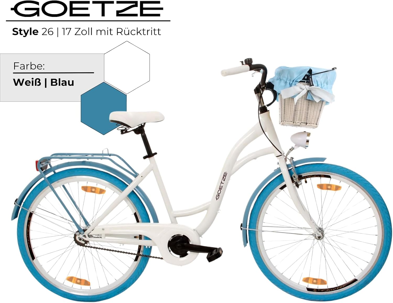 Goetze Style 26 Inch Women's City Bike, 17 Inch Low Entry Frame, 1-Speed Coaster Brake, Front V-Brake, LED Lighting, Luggage Rack, Rattan Basket, Comfort Saddle, with Stand & Bell – Bild 5