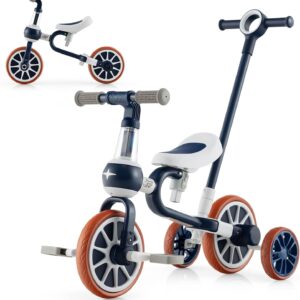 COSTWAY 4-in-1 Children’s Tricycle & Balance Bike & Push Car with Adjustable Push Handle and Removable Pedals, for Children Aged 2-4 Years