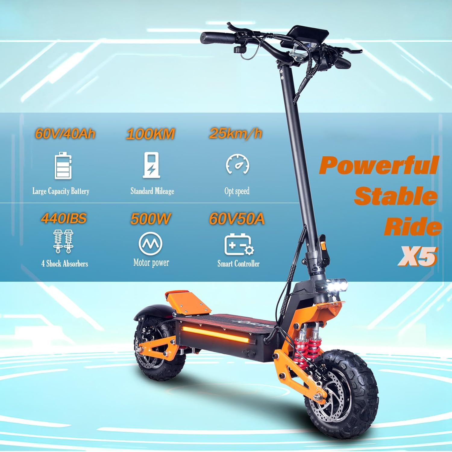 HWWH E-Scooter Offroad Electric Scooter Fast E Scooter NFC Keyless Start 11 Inch All-Time Tyres Double Motor C-Type Suspension 60 V 40 Ah Lithium-Ion Battery Maximum Autonomy 100 km – Bild 7
