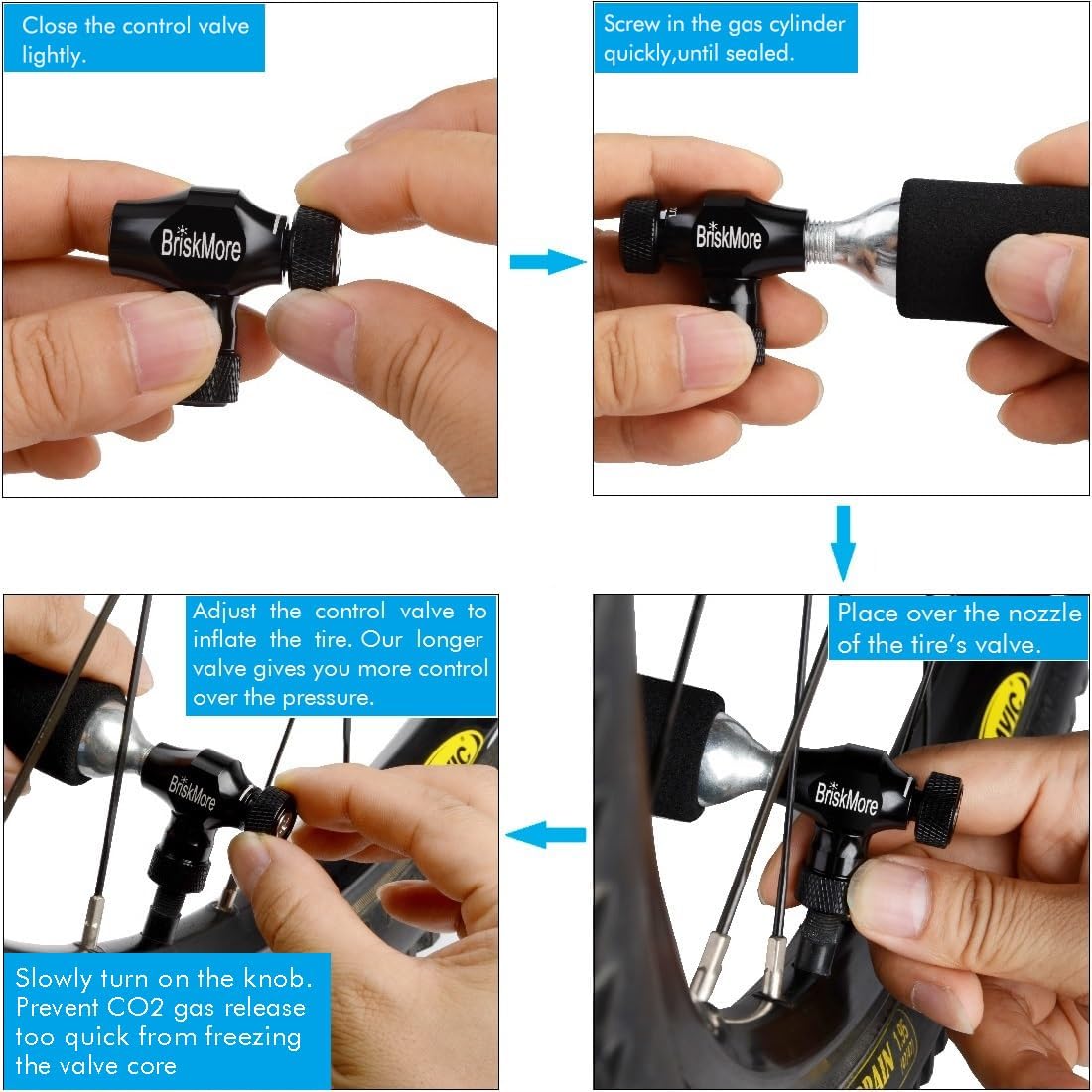 BriskMore CO2 Inflator Kit with 5 x 16g CO2 Cartridges for Bicycle Tyres, Presta and Schrader Valve Compatible, Bicycle Tyre Pump for Mountain and Road Bikes, Includes Insulation Sleeve – Bild 6