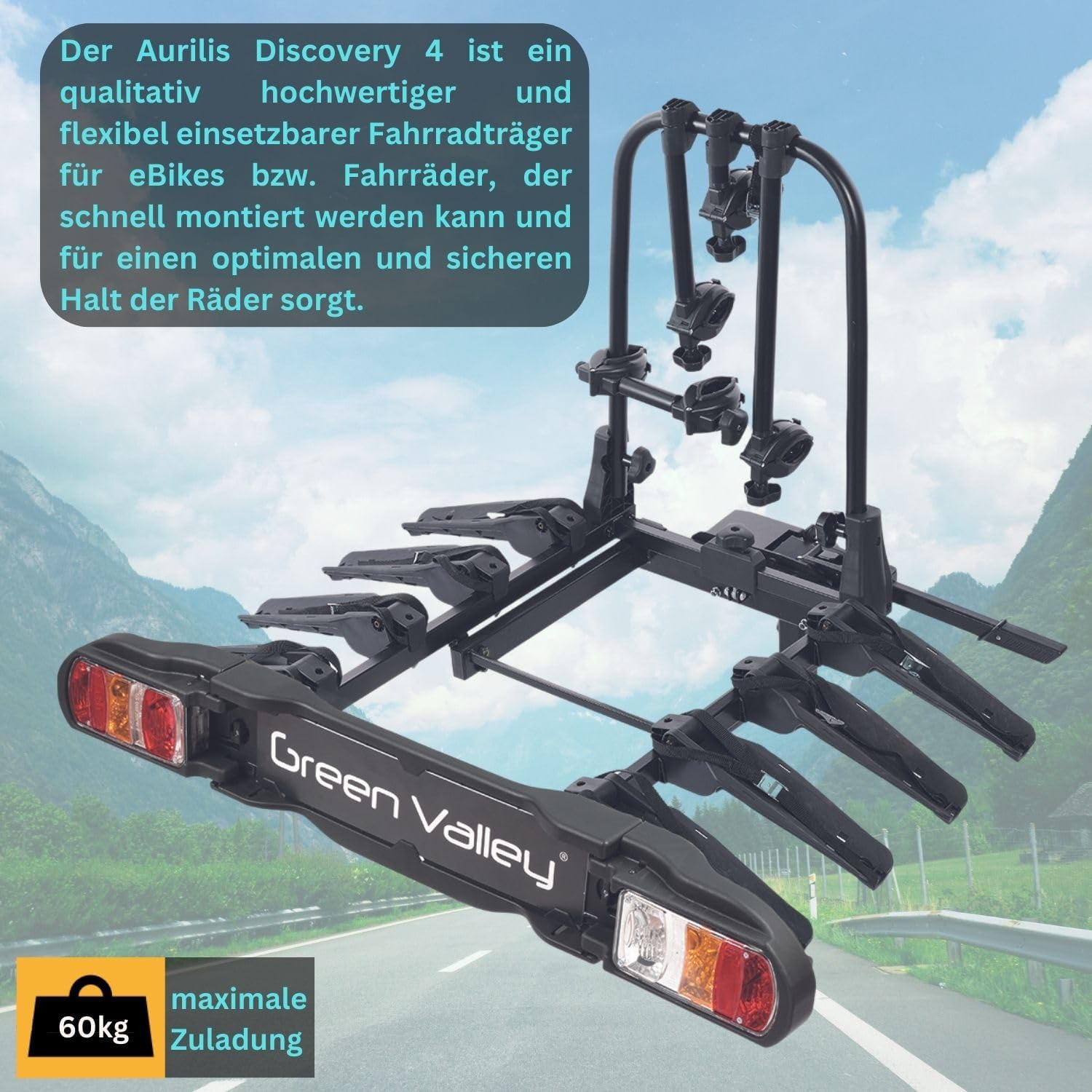 eBike Bicycle Carrier for Towing Hitch Bicycle Rear Carrier Wheel Carrier - Discovery 4 - for 4 Bikes - 60 kg Load - Foldable on Vehicle - Compact Folding Size - – Bild 2
