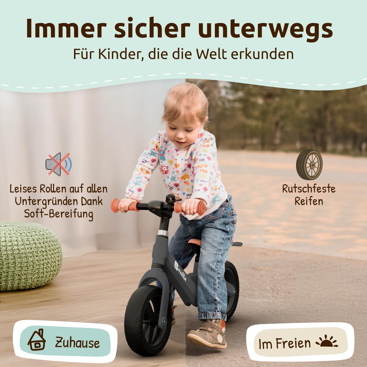 Mallie Safe Children's Balance Bike from 2 Years, Includes Bell and Splash Guard, Adjustable Handlebar and Seat, Balance Bike, for Children from 3 Years, 4 Years, Christmas – Bild 6