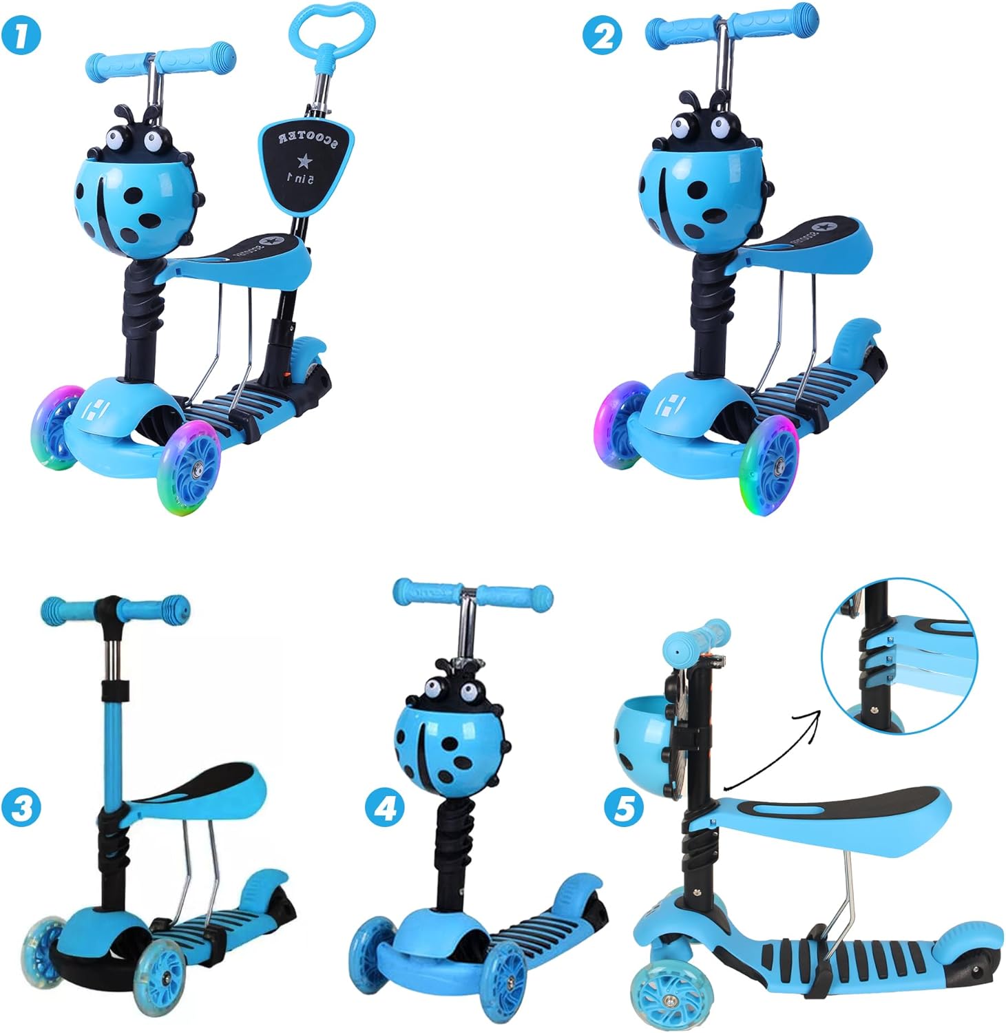 Habib Gruppe 5-in-1 Children's Scooter with Backrest for Boys and Girls - Removable Seat, LED Wheels, Height-Adjustable Handlebars, Scooter - Children's Scooter Outdoor Game, for 2-8 Years Children – Bild 2