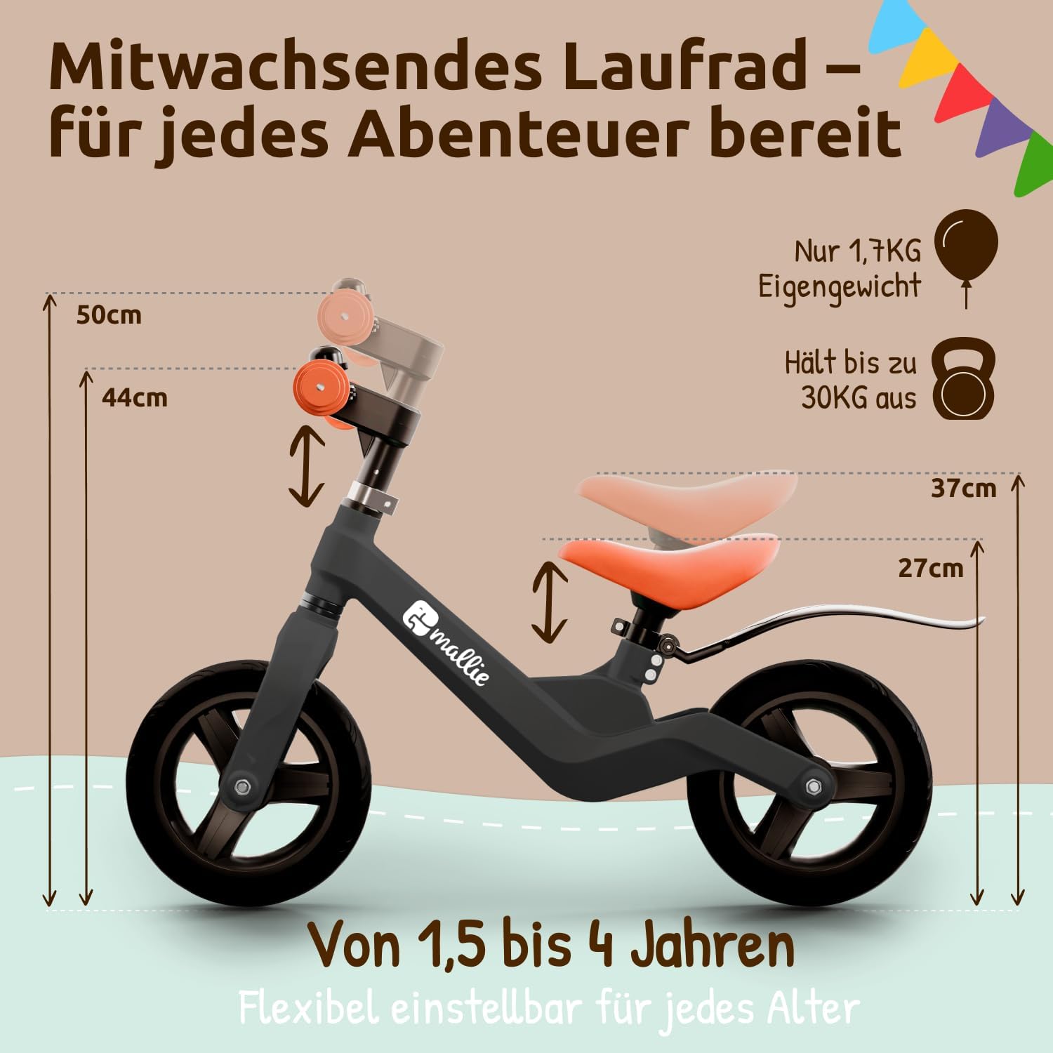 Mallie Safe Children's Balance Bike from 2 Years, Includes Bell and Splash Guard, Adjustable Handlebar and Seat, Balance Bike, for Children from 3 Years, 4 Years, Christmas – Bild 5