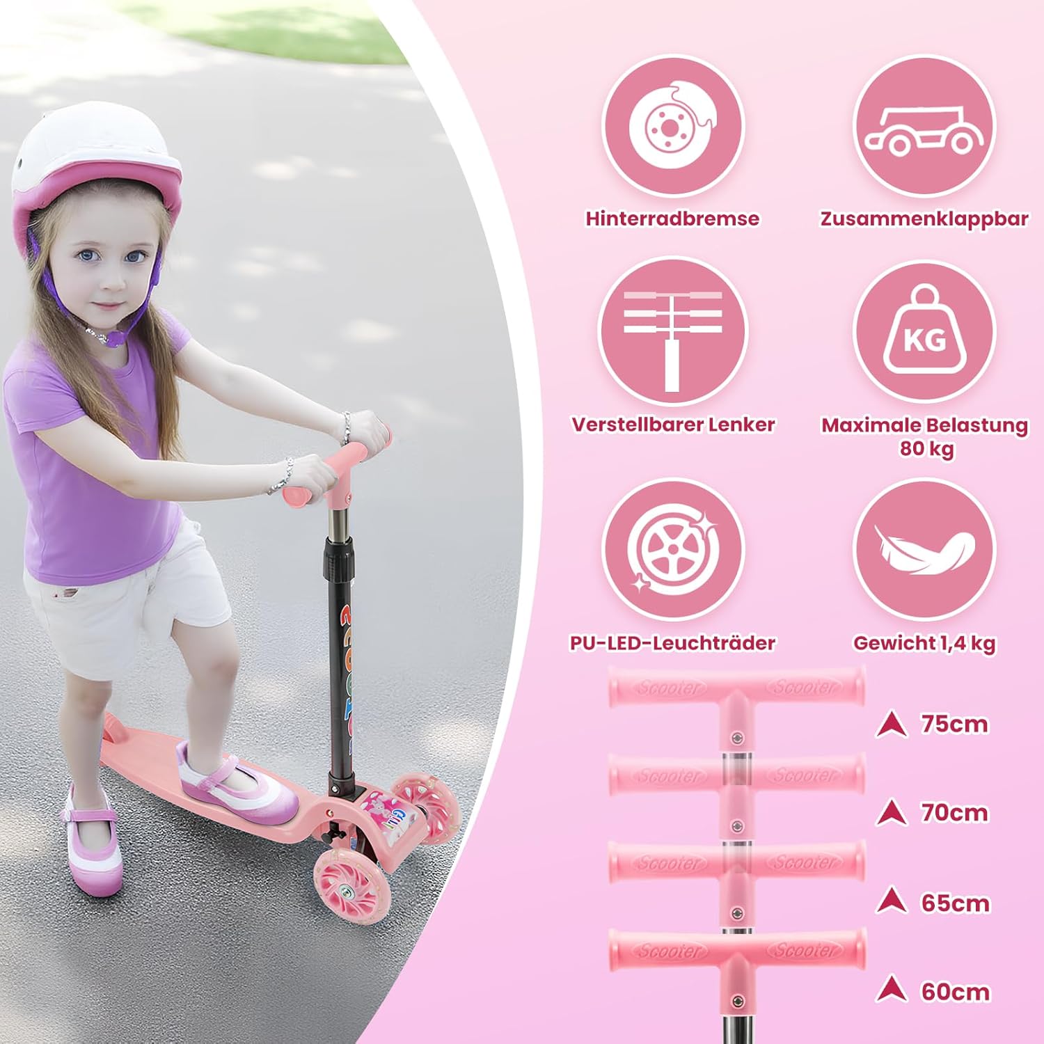 Youyijia Foldable Scooter for Kids, 3 Wheel Scooter with Luminous Wheels, Height Adjustable Handlebar, Luminous Scooter for Boys and Girls – Bild 2