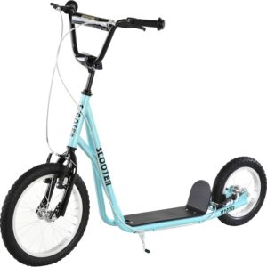 HOMCOM Scooter Large Pneumatic Wheels Diameter 40 and 30 cm Height Adjustable Handlebar Front Rear Brake Stand Steel Sky Blue Black