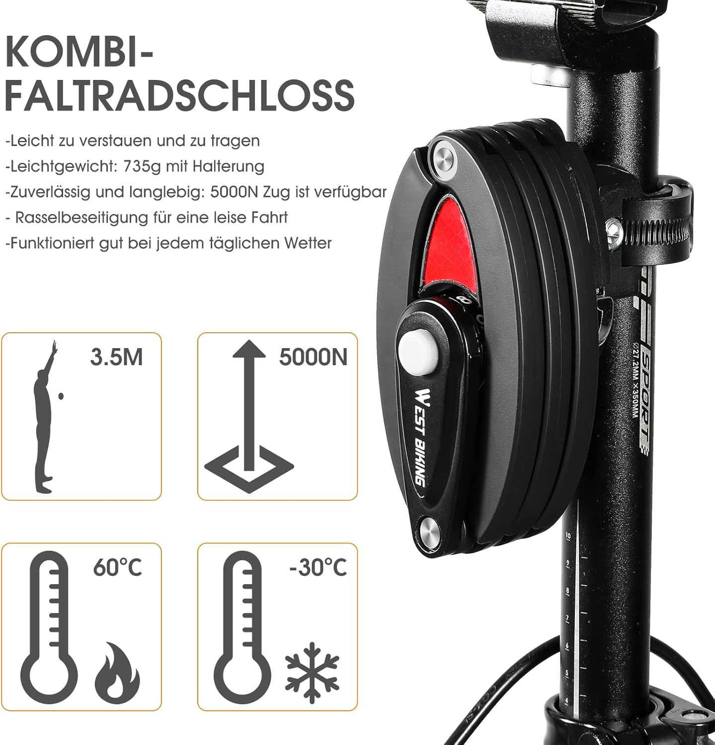 XIQI Bicycle Lock Folding Lock Combination Lock High Security 85 cm Length Bicycle Lock Combination Lock with Bracket High Security Level 10, E Scooter Lock Bicycle Locks for MTB & Road Bike – Bild 3
